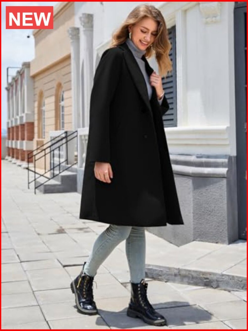 Double Breasted Notch Lapel Pea Coat Mid Long Winter Trench Overcoat - Picture 2 of 5
